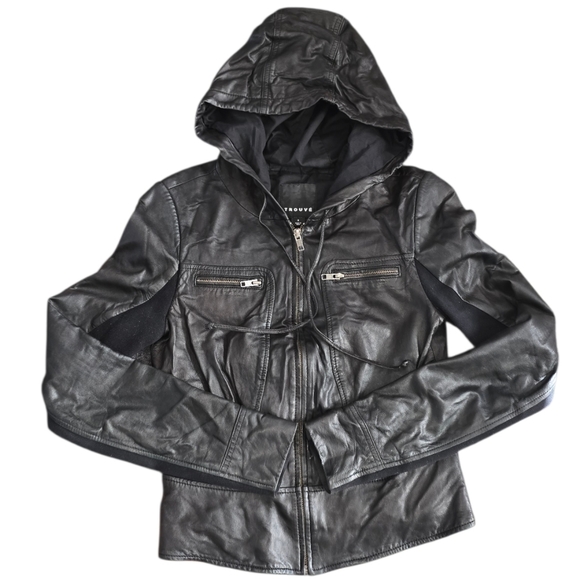 TROUVE Women’s Moto Black Hooded Leather Jacket Size S